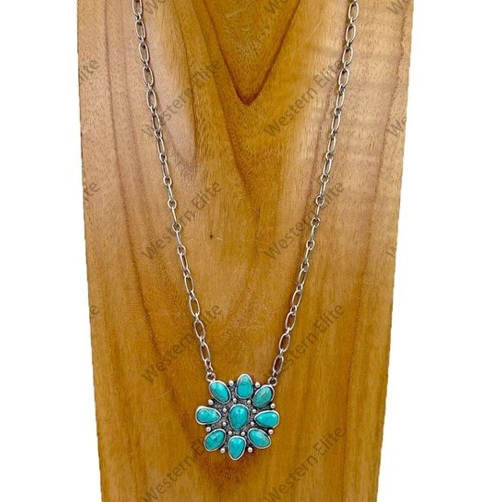 Silver Chain & Turquoise Flower Concho Pendant Necklace